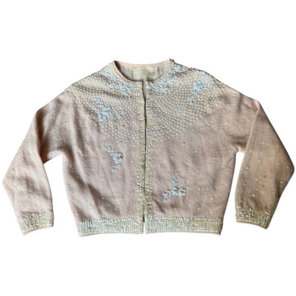 Vintage Jo Ro Imports Angora Lamb Wool Beaded Sequin pink white Cardigan small - Picture 14 of 16